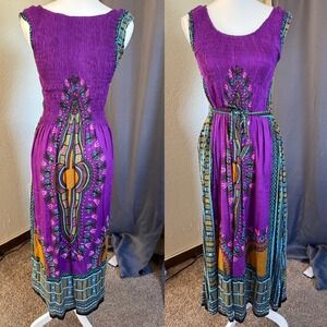 Mamta Purple Dashiki Maxi Dress Bohemian Smocked Rayon One Size Boho Festival